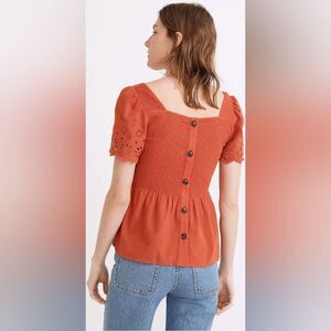 Madewell Eyelet-Sleeve Lucie Smocked cotton Peplum Top orange S